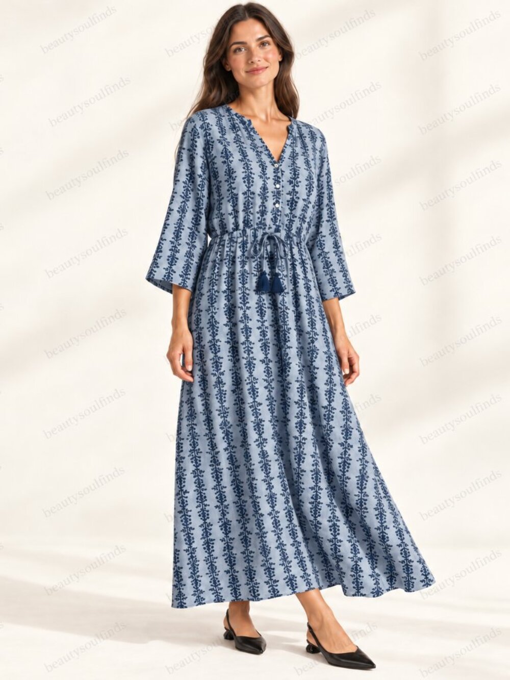 Spartina 449 Blue Gray Floral Block Print Linen Maxi Dress Size Extra Large NWOT